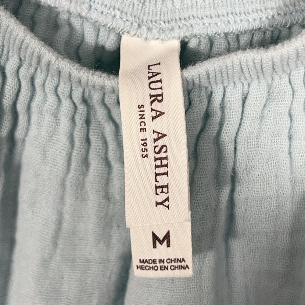Laura Ashley Top Womens M Blue Short Puff Sleeve Gauze Crinkle Cotton Coastal - Picture 3 of 8